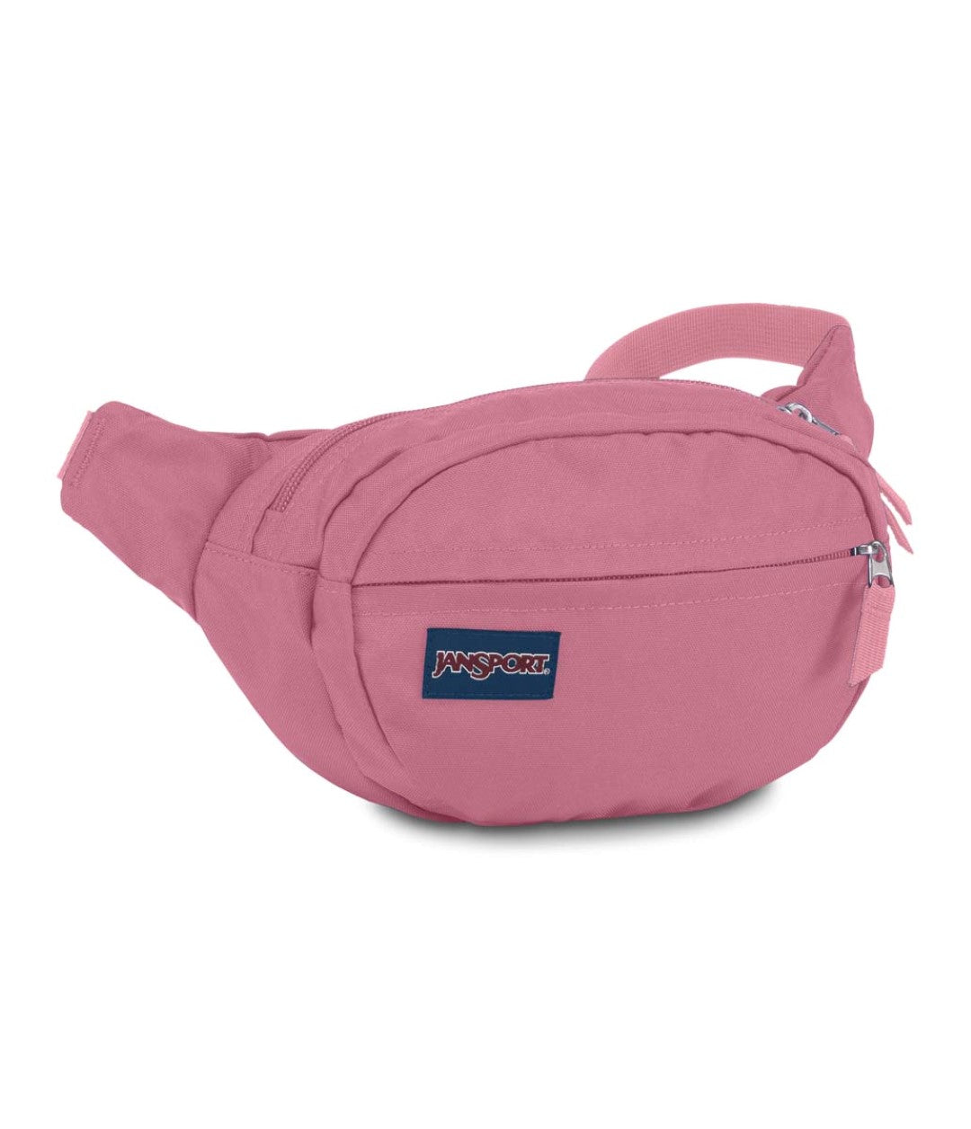 Cangurera JanSport Fifth Avenue color rosa palo con correa ajustable y cierre metálico.