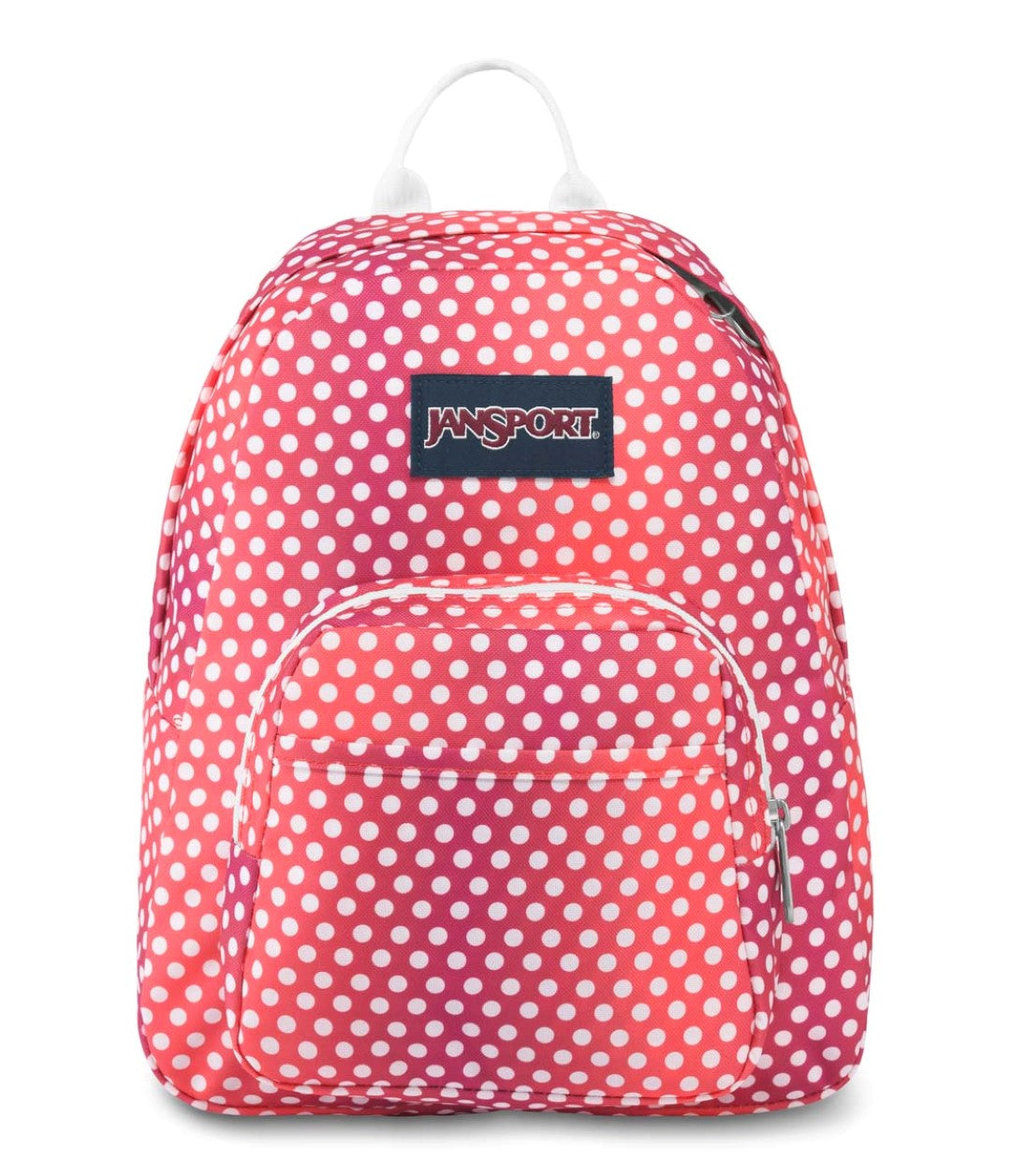 Mochila JanSport pequeña de color rojo con estampado de puntos blancos.