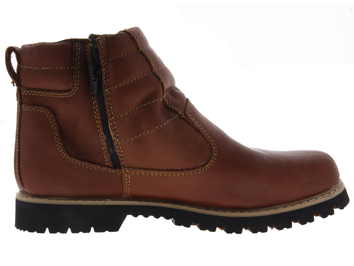 Bota industrial de piel color marrón con cierre lateral y suela de hule negra.