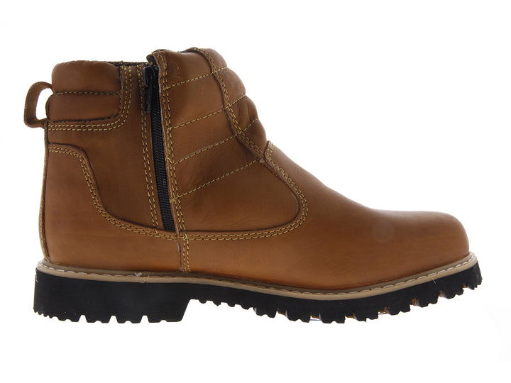 Botas industriales de piel color habana con cierre lateral y suela de hule negra.