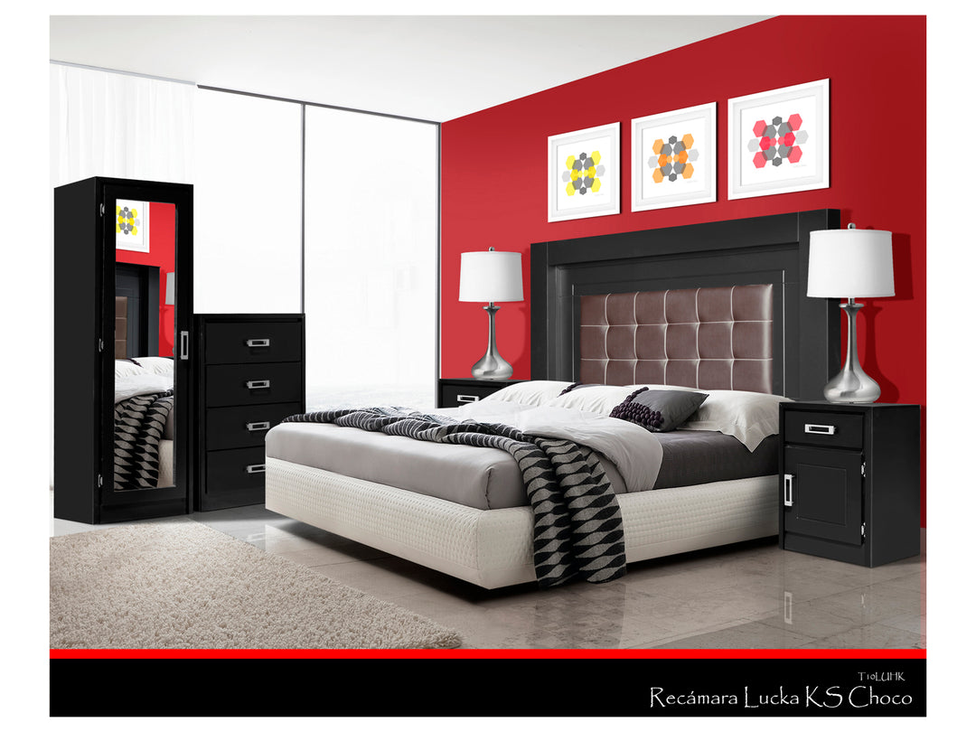 Conjunto de recámara color chocolate que incluye cama con cabecera, cómoda, guardarropa con espejo y dos burós.