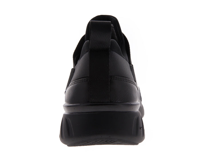 Par de tenis negros estilo slip-on con correas elásticas sobre fondo blanco.