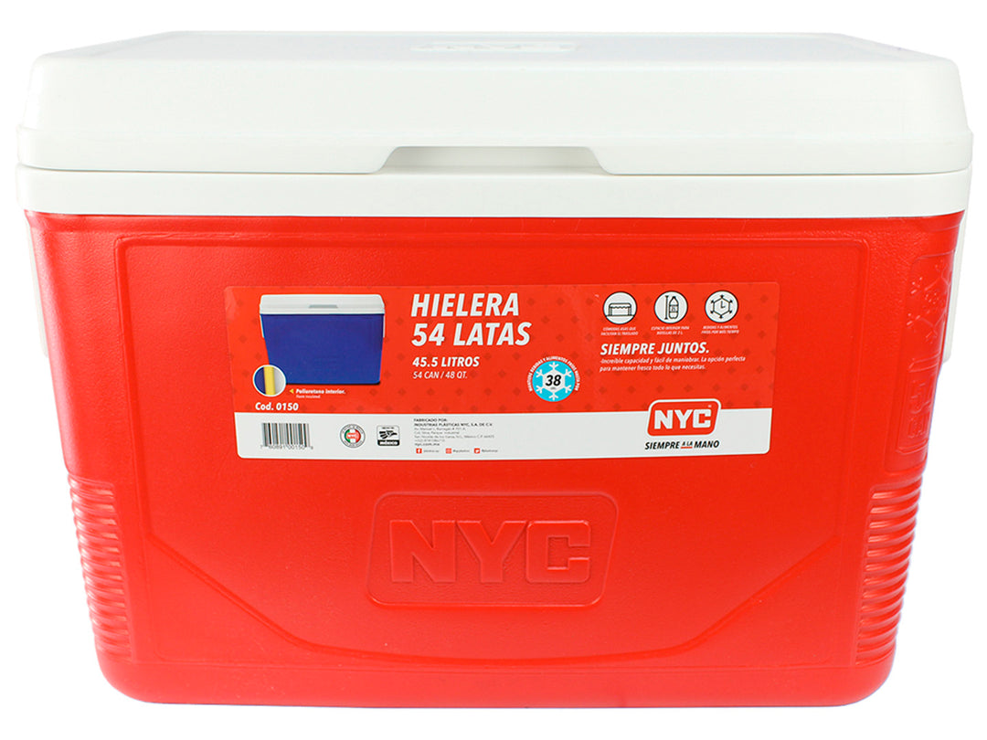 Hielera NYC de color rojo con tapa blanca, capacidad para 54 latas.