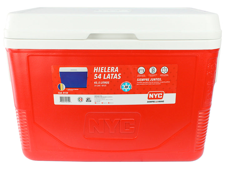 Hielera NYC de color rojo con tapa blanca, capacidad para 54 latas.