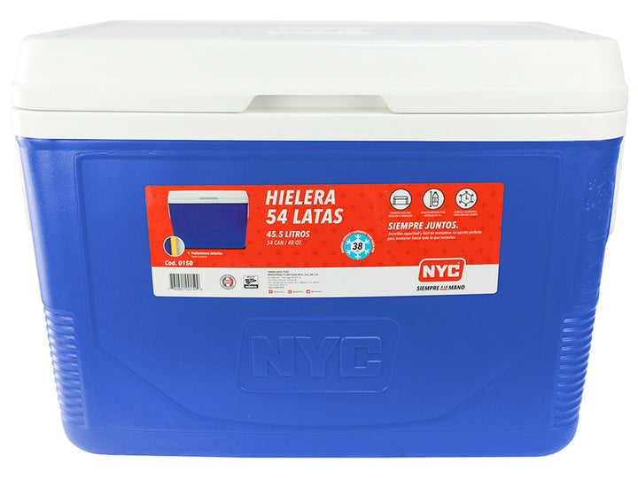 Hielera NYC de color rojo con tapa blanca, capacidad para 54 latas.