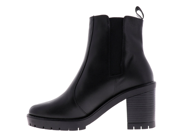 Botín negro de cuero para mujer con tacón grueso y cierre lateral plateado.