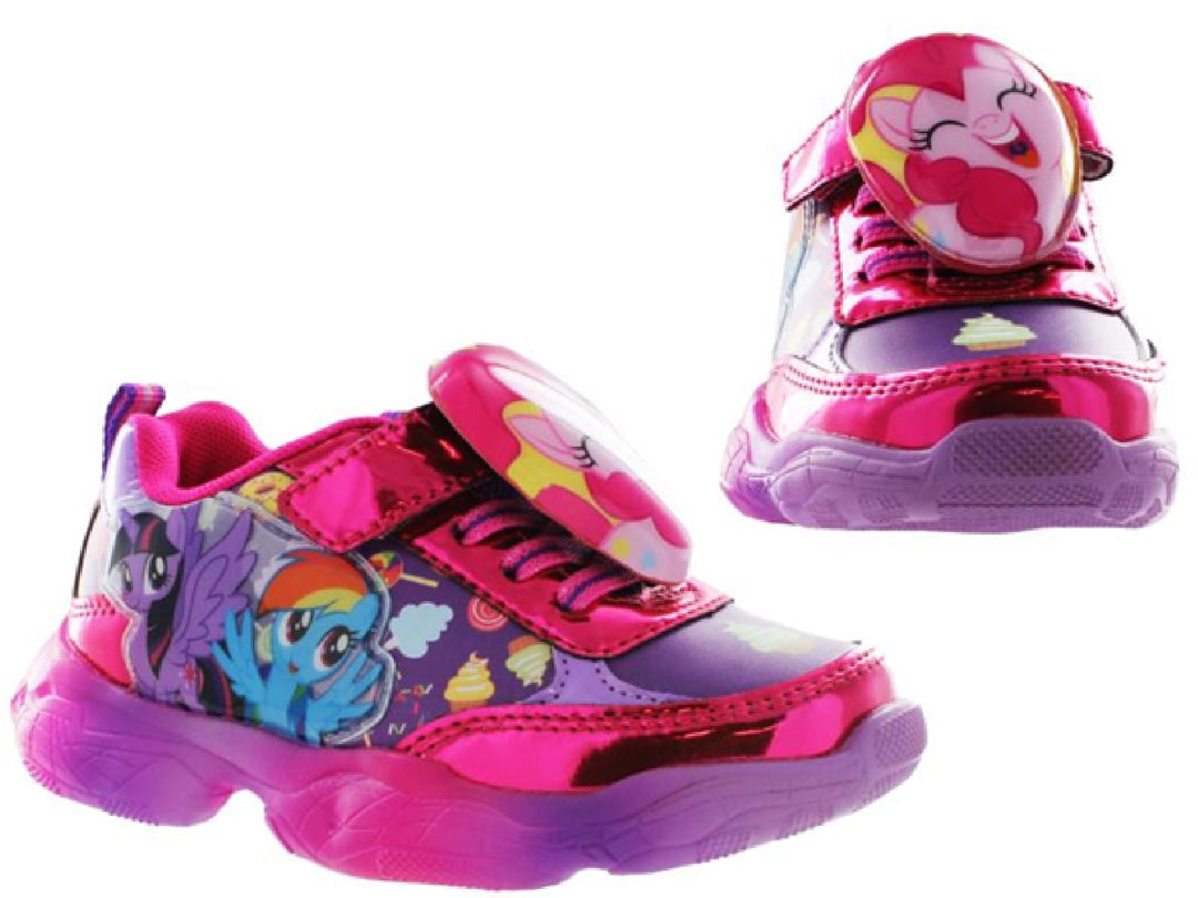 Tenis infantiles rosa y lila con personajes de My Little Pony y acabado brillante.