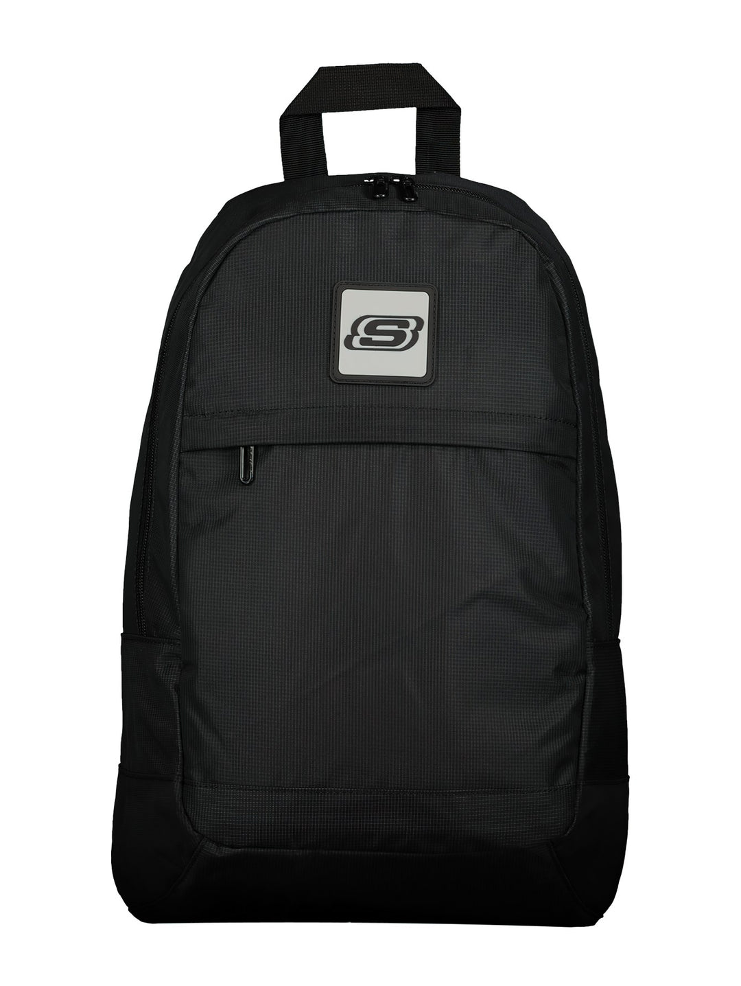 Mochila Skechers color negro con logotipo frontal blanco y negro, diseño deportivo y funcional.