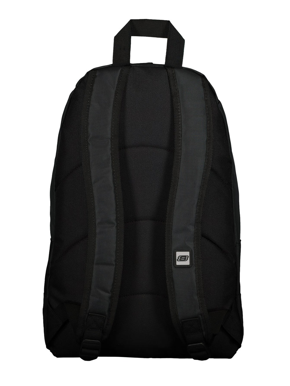 Mochila Skechers color negro con logotipo frontal blanco y negro, diseño deportivo y funcional.