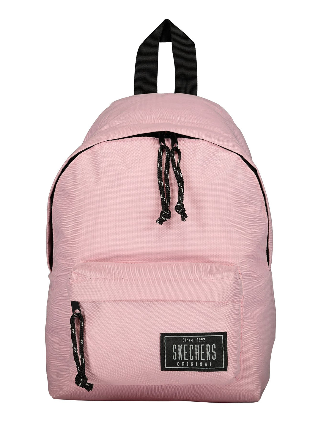 Mochila Skechers color durazno con detalles en negro y bolsillo frontal.