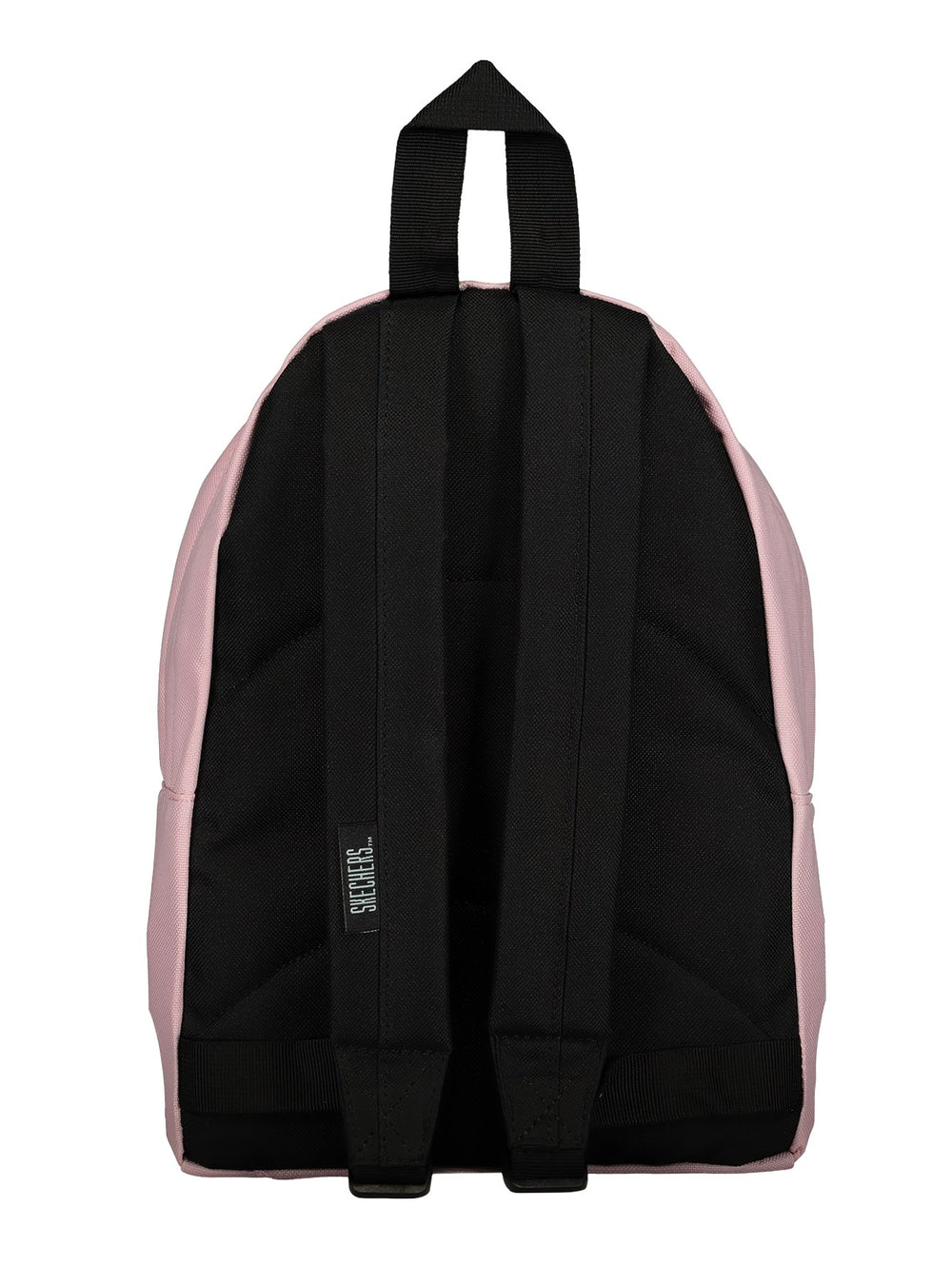 Mochila Skechers color durazno con detalles en negro y bolsillo frontal.