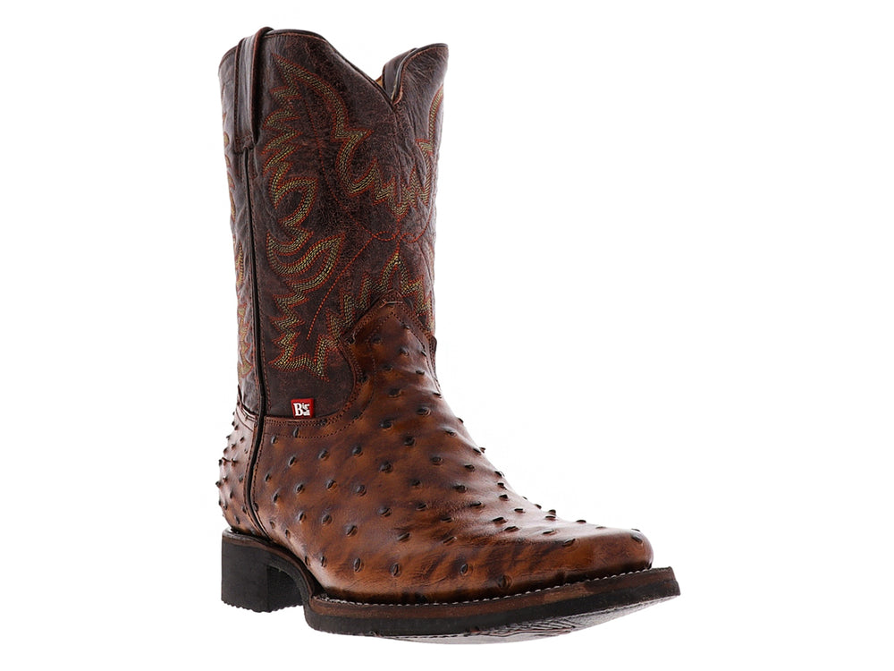 Botas vaqueras para hombre en cuero de avestruz color brandy con bordados decorativos en la caña.