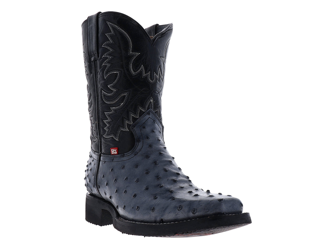 Botas vaqueras para hombre de cuero de avestruz color gris con tubo negro y costuras decorativas.