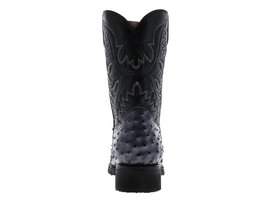 Botas vaqueras para hombre de cuero de avestruz color gris con tubo negro y costuras decorativas.