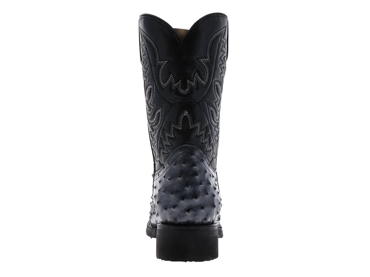 Botas vaqueras para hombre de cuero de avestruz color gris con tubo negro y costuras decorativas.