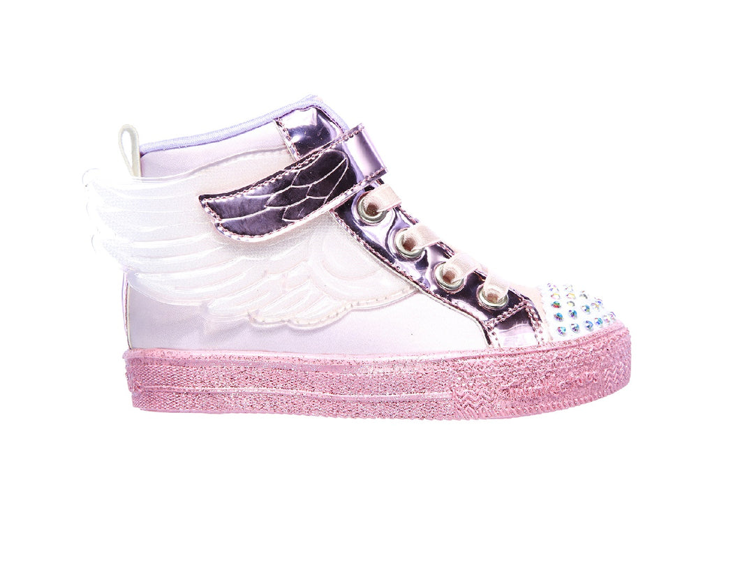 Tenis Skechers Twinkle Toes para niña en color rosa con detalles brillantes y alas laterales.