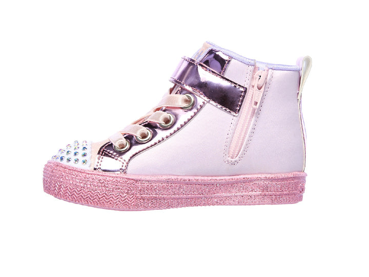 Tenis Skechers Twinkle Toes para niña en color rosa con detalles brillantes y alas laterales.