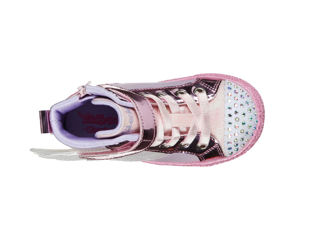 Tenis Skechers Twinkle Toes para niña en color rosa con detalles brillantes y alas laterales.