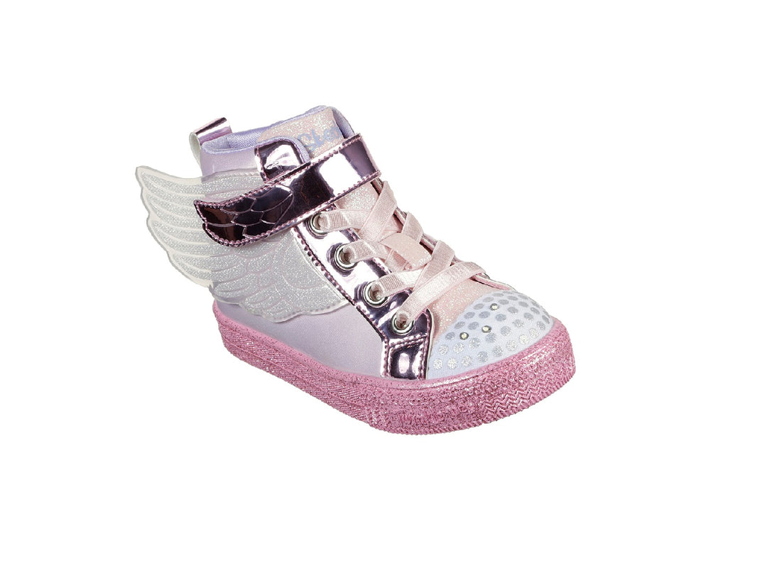 Tenis Skechers Twinkle Toes para niña en color rosa con detalles brillantes y alas laterales.