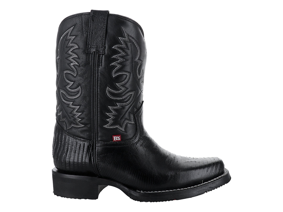 Bota vaquera de piel de lagarto color negro con suela de hule y bordados laterales.