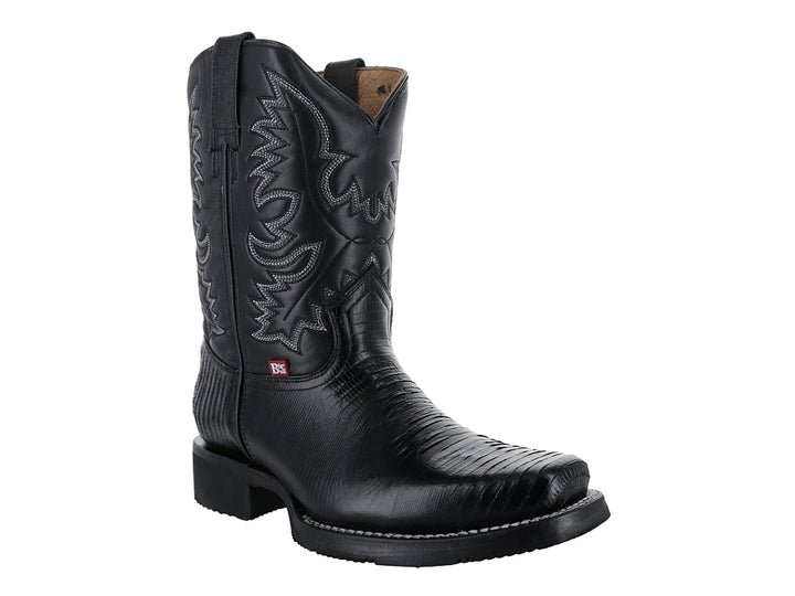 Bota vaquera de piel de lagarto color negro con suela de hule y bordados laterales.