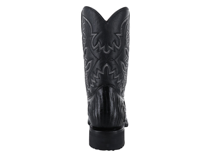 Bota vaquera de piel de lagarto color negro con suela de hule y bordados laterales.