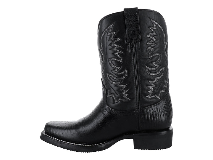 Bota vaquera de piel de lagarto color negro con suela de hule y bordados laterales.