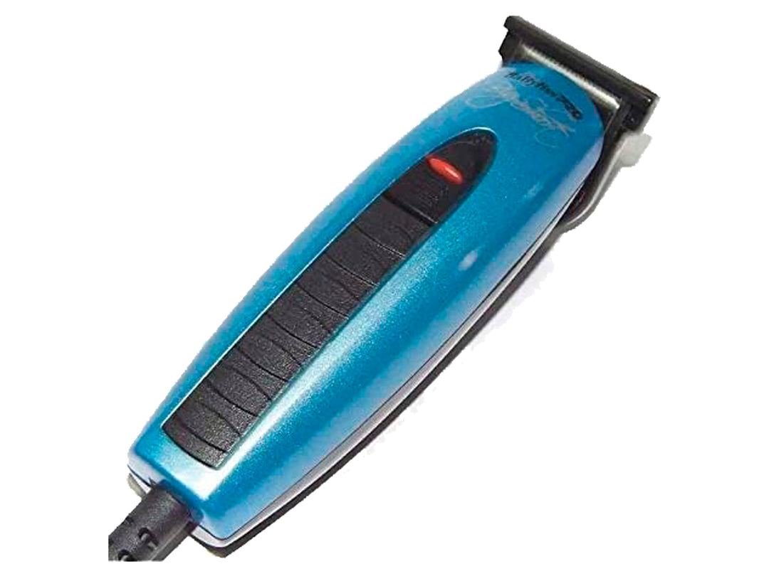Recortadora de cabello Babyliss color azul metálico con detalles en negro y botón rojo.