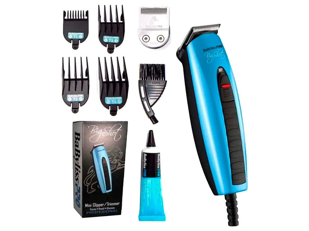 Recortadora de cabello Babyliss color azul metálico con detalles en negro y botón rojo.