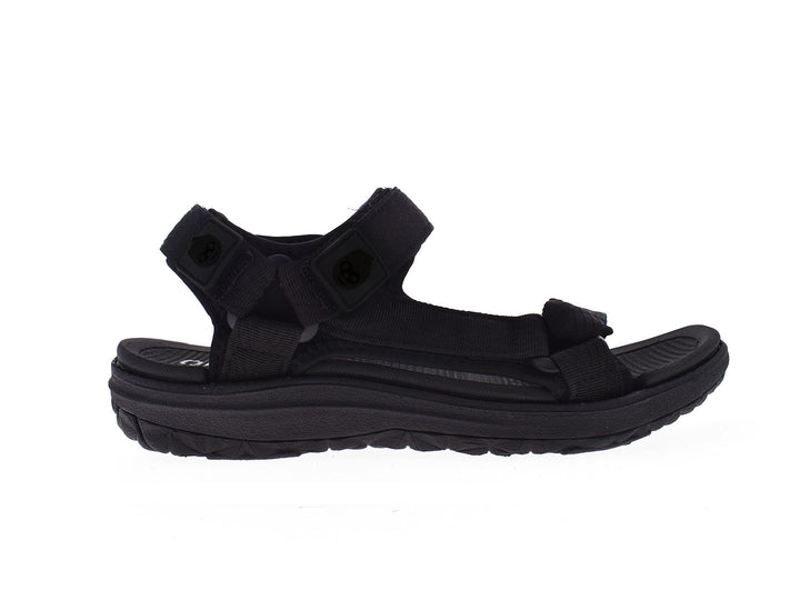 Sandalia deportiva negra estilo gladiador con correas ajustables y suela ergonómica.