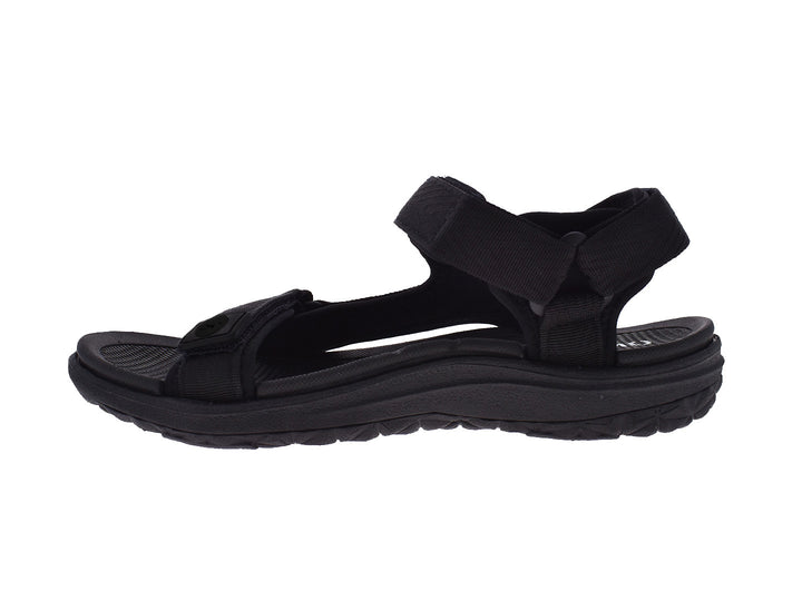 Sandalia deportiva negra estilo gladiador con correas ajustables y suela ergonómica.