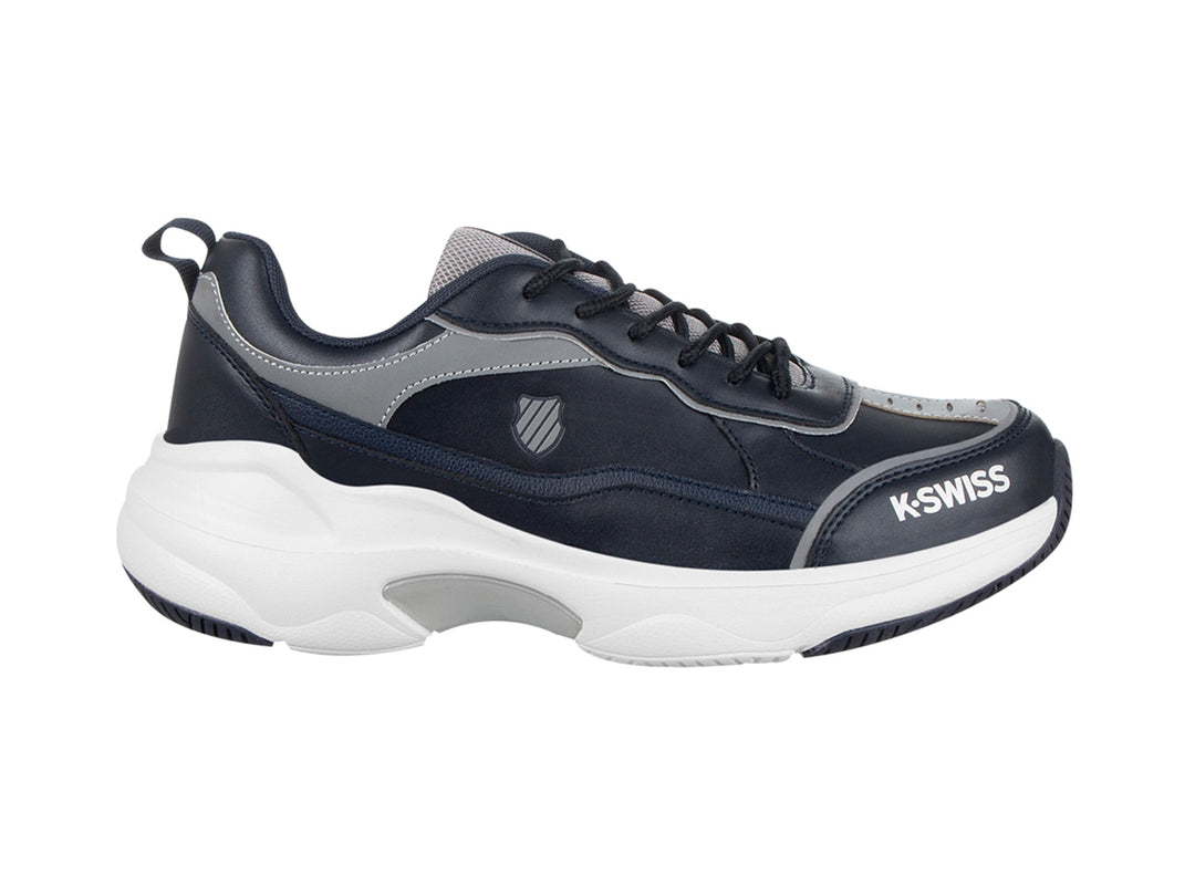 Tenis K-Swiss color azul marino con suela blanca y detalles en gris, estilo deportivo.