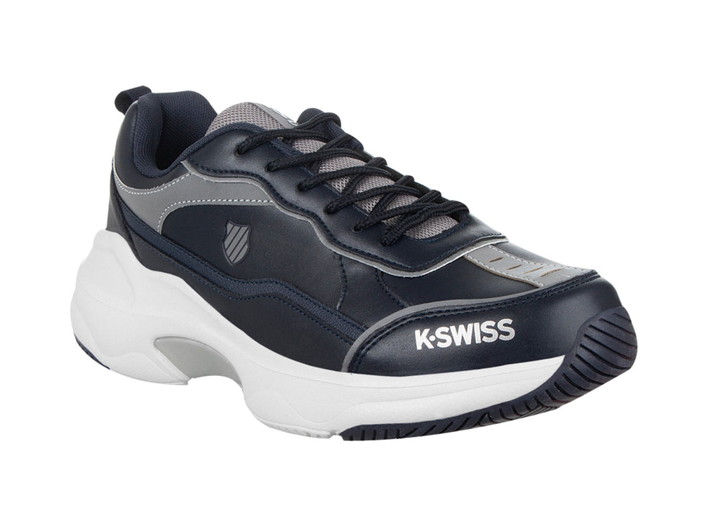 Tenis K-Swiss color azul marino con suela blanca y detalles en gris, estilo deportivo.