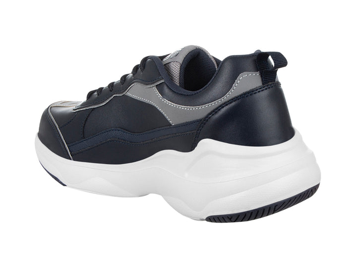 Tenis K-Swiss color azul marino con suela blanca y detalles en gris, estilo deportivo.