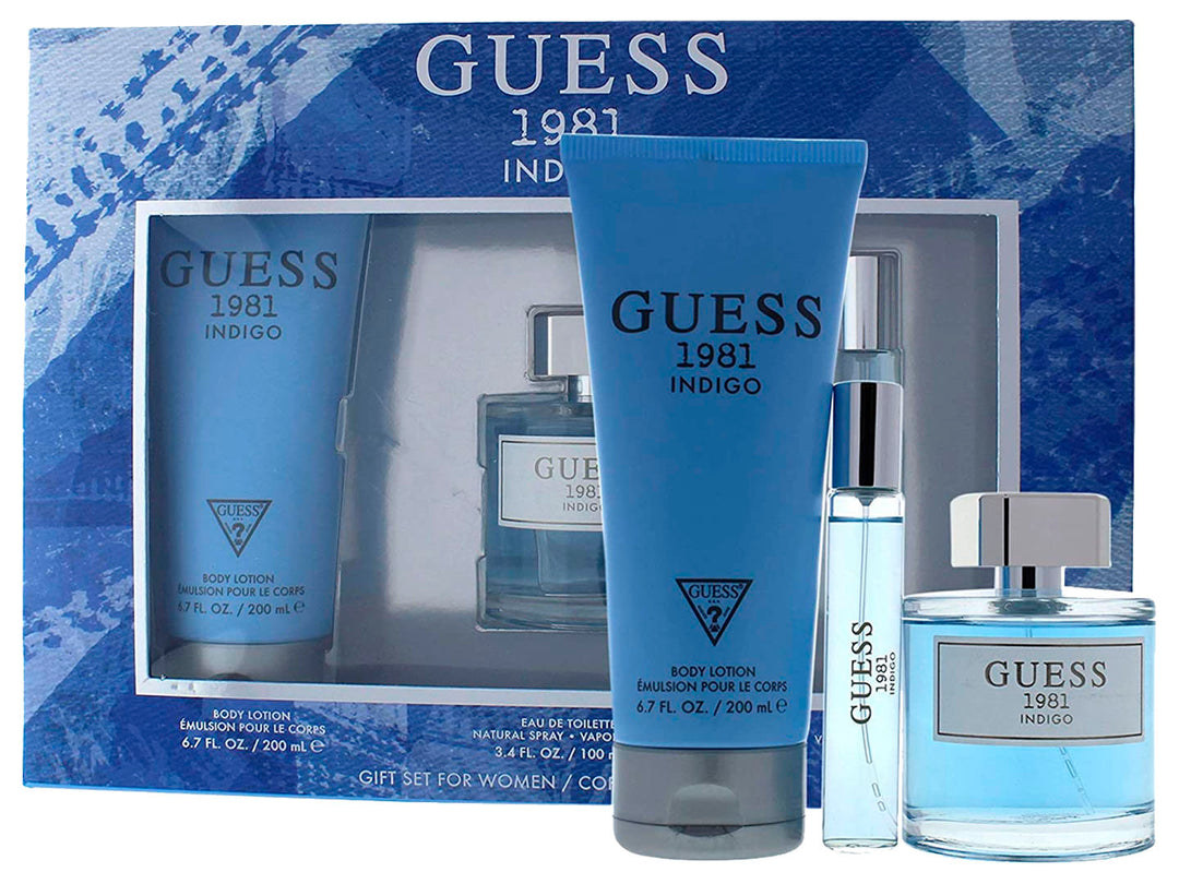 Set de perfumes Guess 1981 Indigo para mujer con loción y fragancias en tonos azules