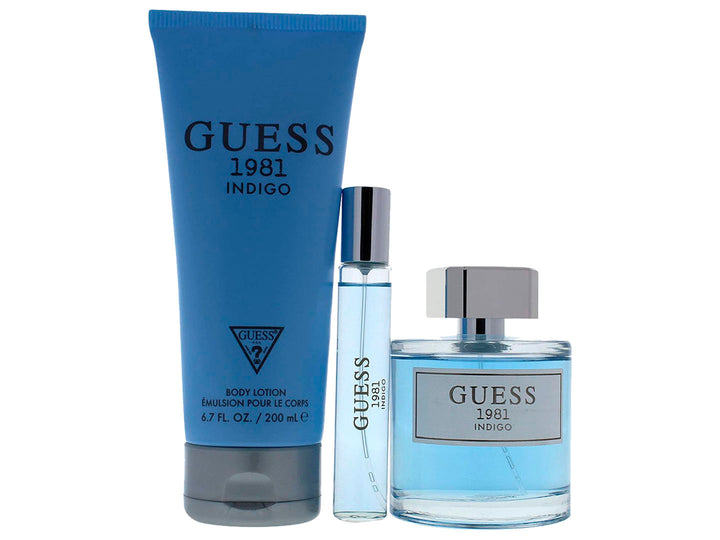Set de perfumes Guess 1981 Indigo para mujer con loción y fragancias en tonos azules