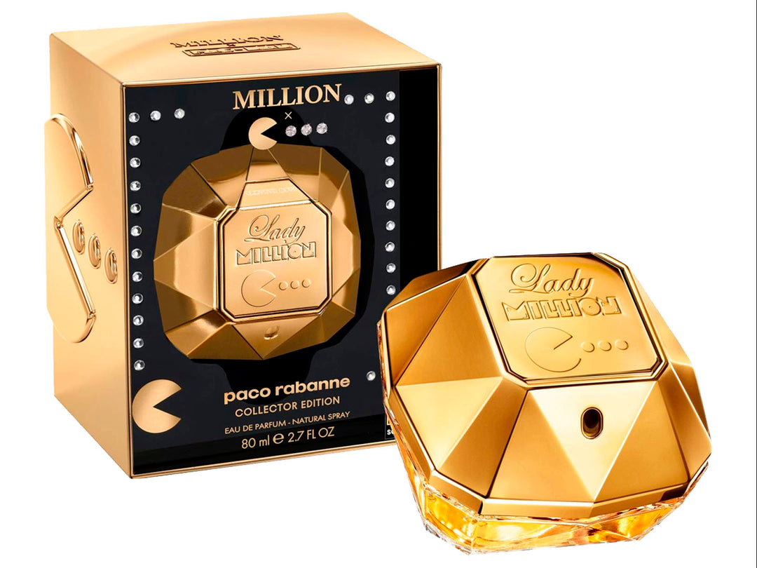 Perfume Paco Rabanne Lady Million edición Pacman en frasco dorado facetado con su caja negra y dorada.