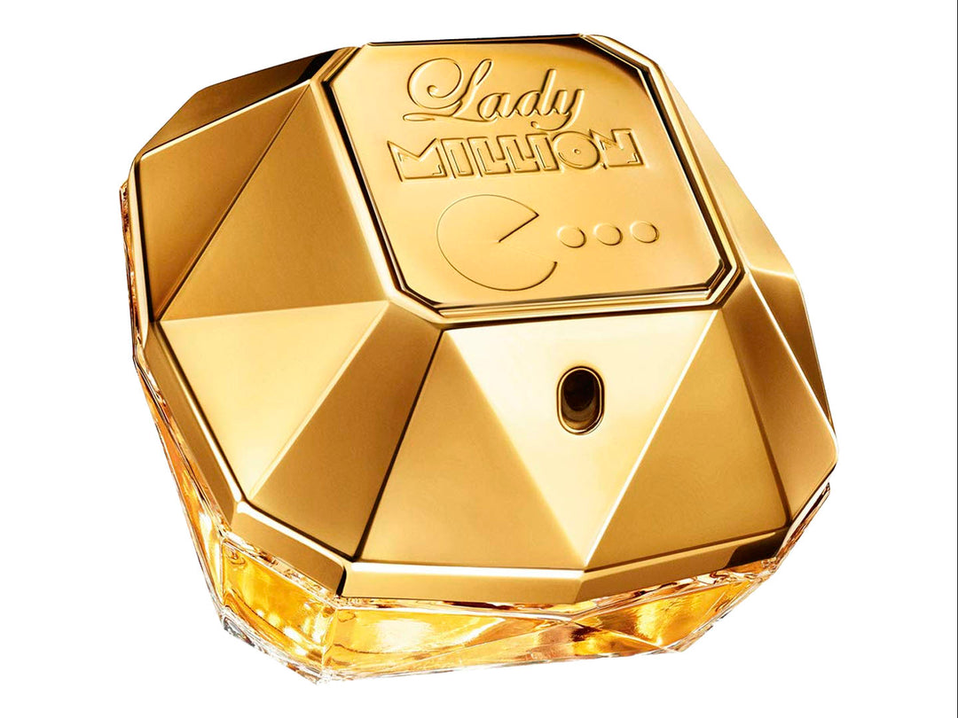 Perfume Paco Rabanne Lady Million edición Pacman en frasco dorado facetado con su caja negra y dorada.