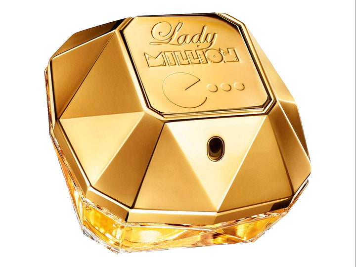 Perfume Paco Rabanne Lady Million edición Pacman en frasco dorado facetado con su caja negra y dorada.