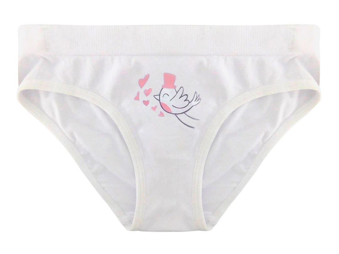 Calzones blancos para niña con estampado de pajarito y corazones rosas.