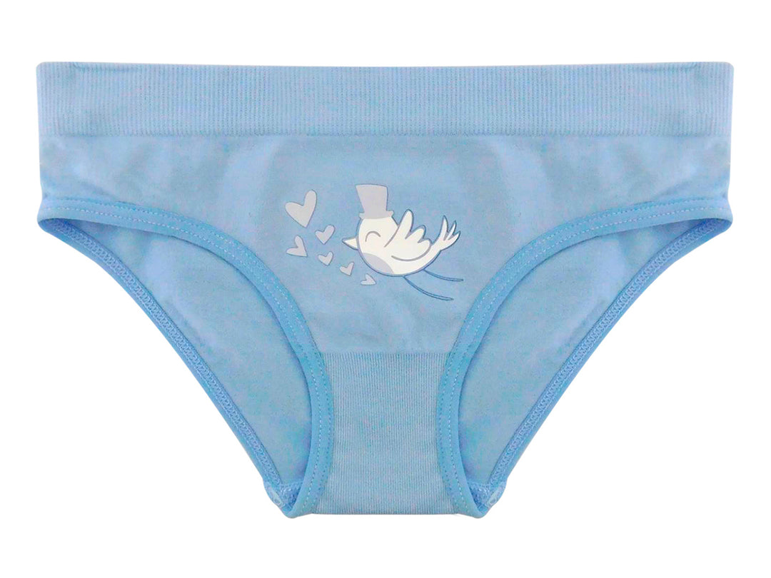 Calzones para niña de color azul claro con un estampado blanco de un ave y corazones.
