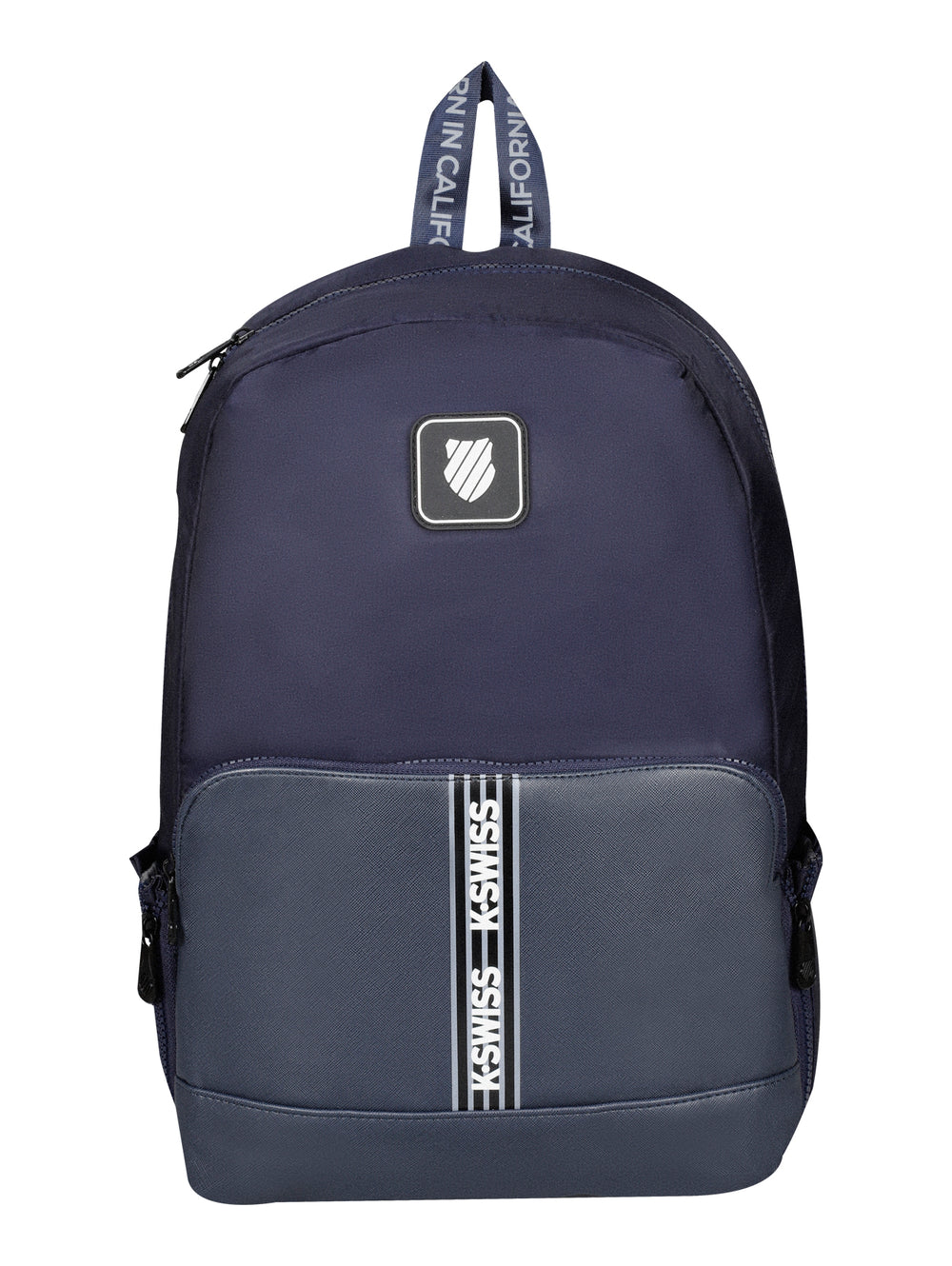 Mochila juvenil K-Swiss en color azul marino con bolsillo frontal y asa superior.
