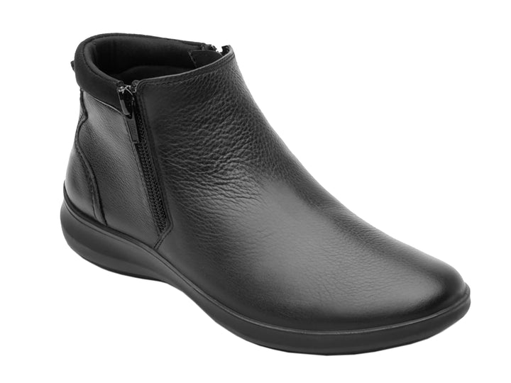 Botín negro de cuero para mujer con cierre lateral y suela cómoda.