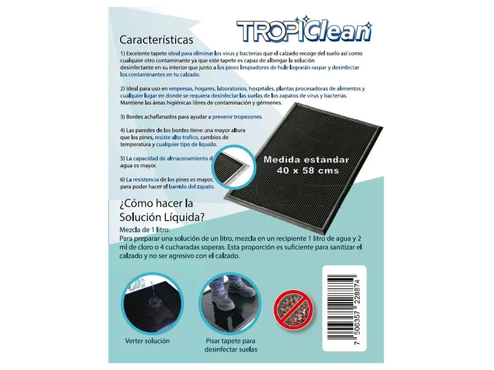 Tapete sanitizante rectangular de color negro con textura de puntos y borde reforzado.