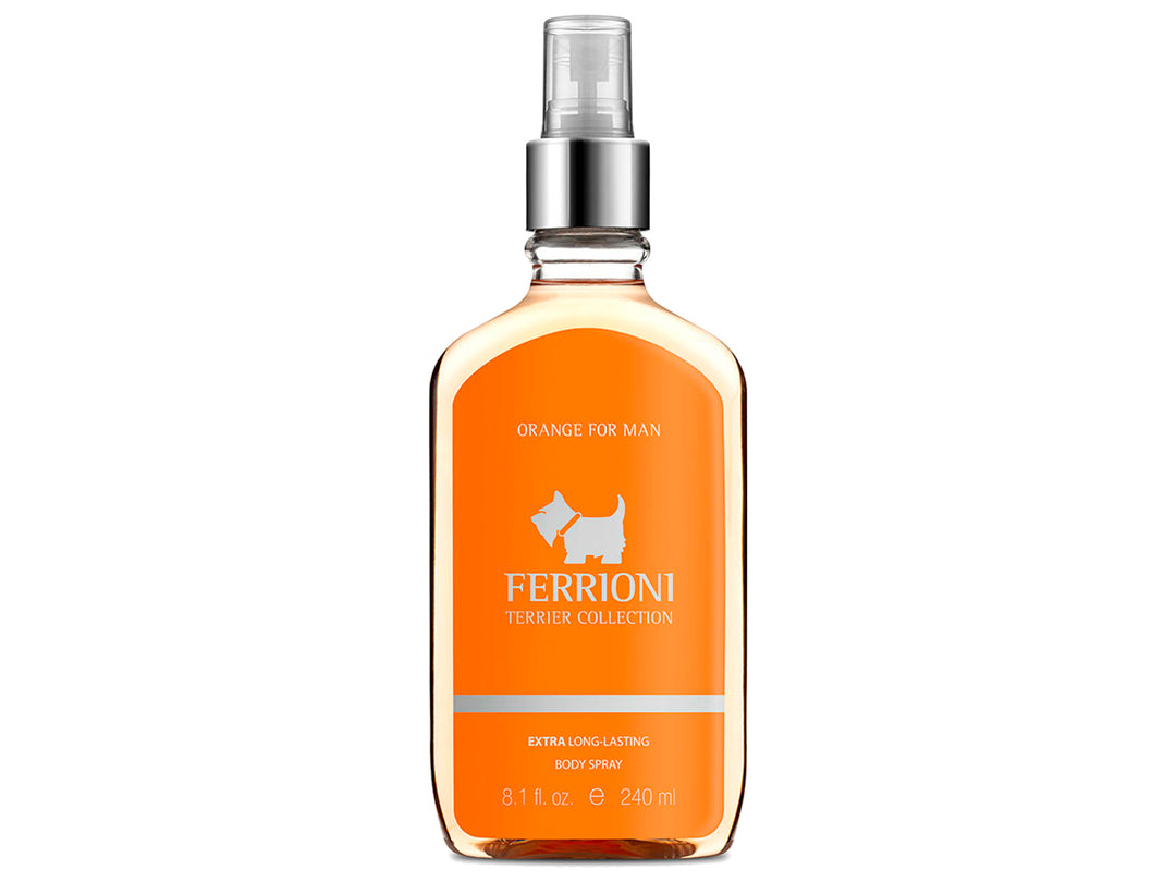 Botella de body spray Ferrioni Orange para hombre de 240 ml con etiqueta naranja y atomizador plateado.