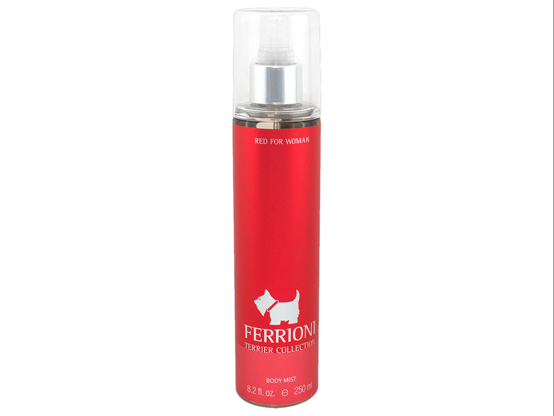 Frasco cilíndrico de Body Mist Ferrioni color rojo con tapa transparente y atomizador plateado.