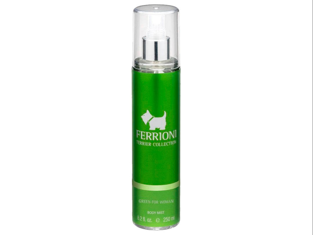 Envase cilíndrico de Body Mist Ferrioni Green para Mujer de 250 ml en color verde con tapa transparente.