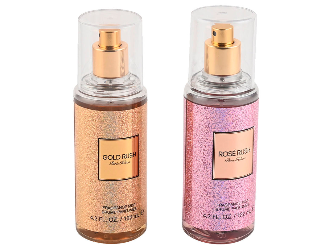 Set de dos fragancias corporales Paris Hilton en colores dorado y rosa con acabado brillante.