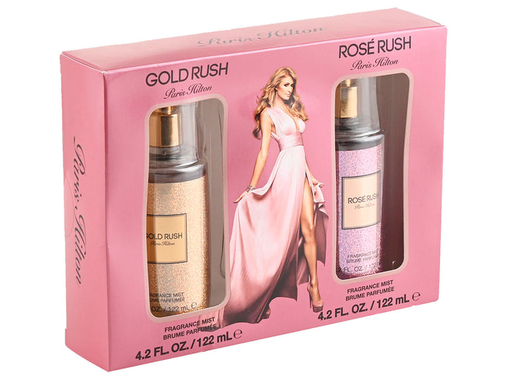 Set de dos fragancias corporales Paris Hilton en colores dorado y rosa con acabado brillante.