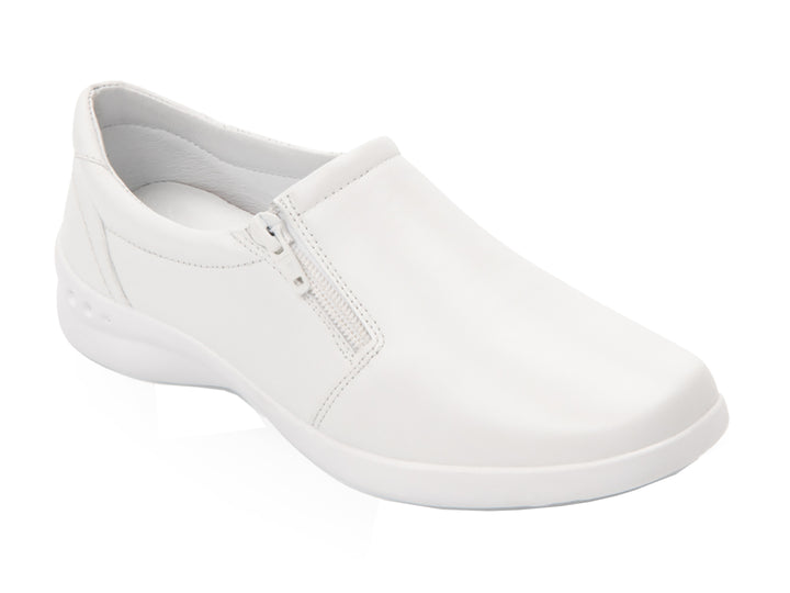 Zapato plano Flexi Ofelia para mujer en color blanco con detalle de cierre lateral.